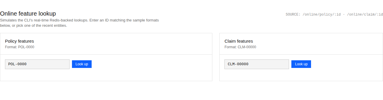 Online Redis feature lookups for policy and claim entities